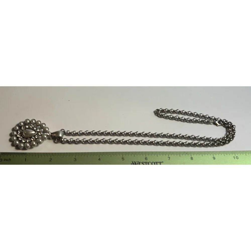 Pendant Necklace Silver Tone Faux Pearl Chunky Maximalist Boho Design‎